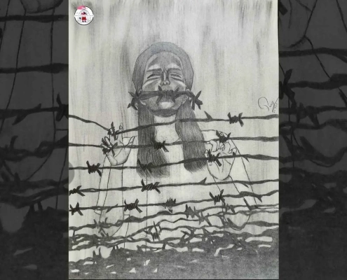 သံဆူးကြိုးများနောက်က နိုင်ငံရေးအကျဉ်းသူတစ်ဦးပုံကို ရေးဆွဲထားသည့် ခဲခြစ်ပန်းချီ