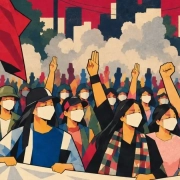Illustration of masked women protesters raising three-finger salutes and fists with red and blue flags against a city skyline, labeled Honest Information Advertorial