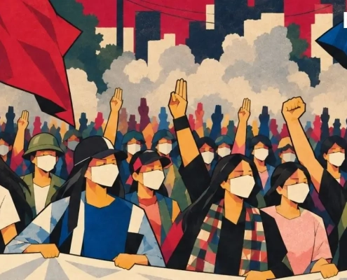 Illustration of masked women protesters raising three-finger salutes and fists with red and blue flags against a city skyline, labeled Honest Information Advertorial