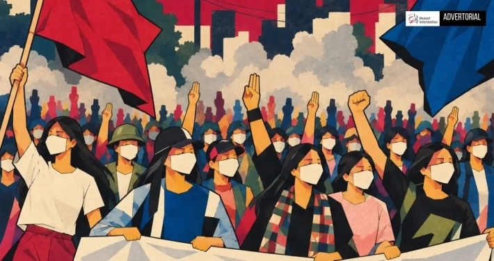 Illustration of masked women protesters raising three-finger salutes and fists with red and blue flags against a city skyline, labeled Honest Information Advertorial