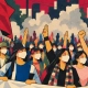 Illustration of masked women protesters raising three-finger salutes and fists with red and blue flags against a city skyline, labeled Honest Information Advertorial