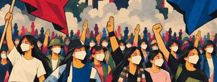 Illustration of masked women protesters raising three-finger salutes and fists with red and blue flags against a city skyline, labeled Honest Information Advertorial