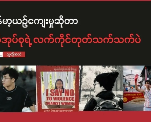 Collage of four photos — a young man, an “I Say No to Violence Against Women” campaign poster, a person wearing a cap, and a woman raising her hand at a protest — under the headline about Myanmar culture and military control