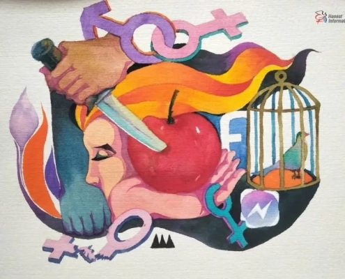 Watercolor illustration of a woman's profile with a knife piercing an apple near her face, gender symbols, and a caged bird with its cage door open, symbolizing trapped trauma despite freedom