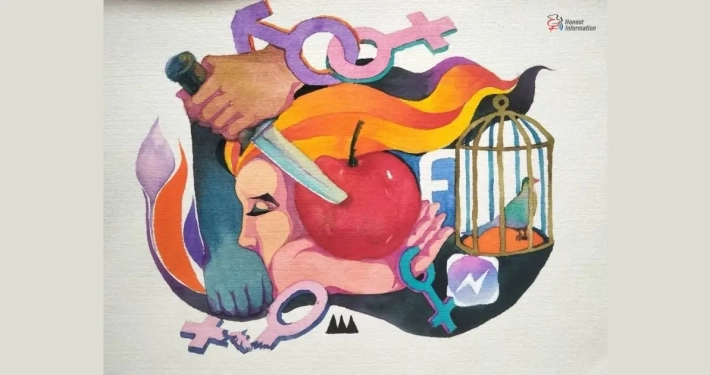 Watercolor illustration of a woman's profile with a knife piercing an apple near her face, gender symbols, and a caged bird with its cage door open, symbolizing trapped trauma despite freedom