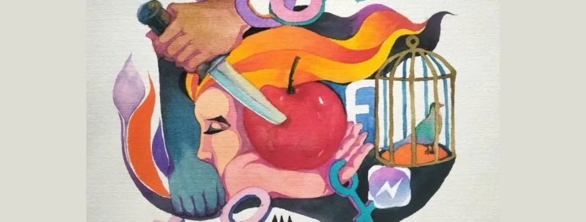 Watercolor illustration of a woman's profile with a knife piercing an apple near her face, gender symbols, and a caged bird with its cage door open, symbolizing trapped trauma despite freedom